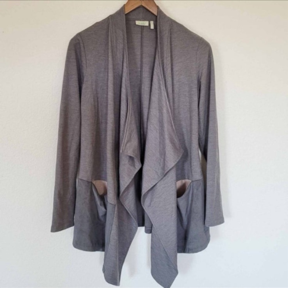 Logo Lori Goldstein French Terry Cardigan Faux Suede Pockets Gray Size XS